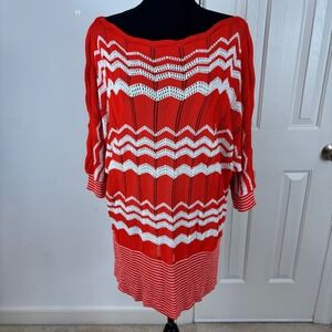 Ashley Stewart Orange White Chevron Knit Dolman Sleeve Cold‎ Shoulder Top